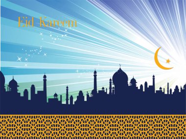 Arka planda şehir silueti olan güzel mavi bir gökyüzü. Gökyüzü yıldızlarla dolu ve güneş parlıyor. Ramazan Kareem Dua Etme Kurban Bayramı HariRaya Aidilfitri Süslemesi