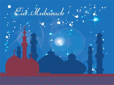 Gökyüzünde bir yıldız ve binaların silueti olan mavi ve kırmızı bir poster. Afişte Bayram Mübareği yazıyor. Ramazan Kareem Dua Etme Kurban Bayramı HariRaya Aidilfitri Süslemesi