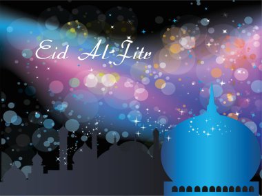 Mavi kubbeli renkli bir arka plan ve bayram tabiri beyazla yazılmış. Görüntü şenlikli ve kutlama havası veriyor. Ramazan Kareem Dua Etme Kurban Bayramı HariRaya Aidilfitri Süslemesi