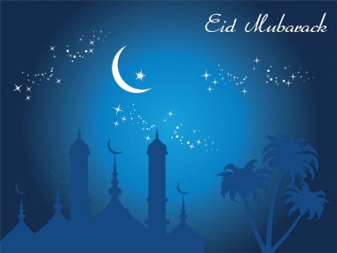 Ortasında hilal şeklinde parlak bir ay parlayan güzel mavi gökyüzü. Gökyüzü yıldızlarla doludur, dinginlik yaratır. Ramazan Kareem Dua Etme Kurban Bayramı HariRaya Aidilfitri Süslemesi