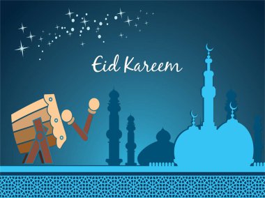 Mavi arka plan, bir bina ve bir davul. Davul görüntünün sol tarafında. Ramazan Kareem Dua Etme Kurban Bayramı HariRaya Aidilfitri Süslemesi