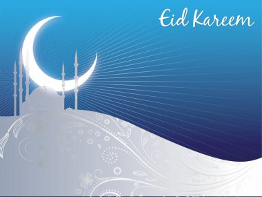 Mavi gökyüzü, hilal şeklinde bir ay ve arka planda bir bina. Görüntünün adı Kurban Kareem. Ramazan Kareem Dua Etme Kurban Bayramı HariRaya Aidilfitri Süslemesi