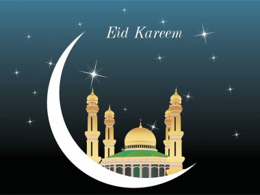 Arka planda hilal olan bir cami çizimi. Ay yıldızlarla çevrilidir. Kutlama ve maneviyat kavramı. Ramazan Kareem Dua Etme Kurban Bayramı HariRaya Aidilfitri Süslemesi
