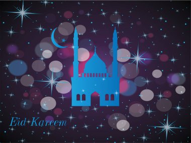 Üzerinde kubbe ve yıldız olan mavi bir bina. Bina bir cami ve görüntüsü yıldızlı bir gökyüzü. Ramazan Kareem Dua Etme Kurban Bayramı HariRaya Aidilfitri Süslemesi