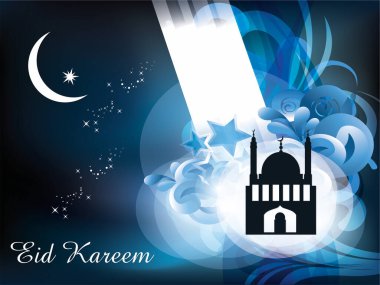 Üzerinde cami ve yıldızlar olan mavi beyaz bir poster. Posterin adı Bayram Kareem. Ramazan Kareem Dua Etme Kurban Bayramı HariRaya Aidilfitri Süslemesi
