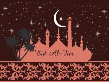 Arkasında büyük bir ay ve yıldızlar olan bir şehrin çizimi. Resmin adı Kurban Bayramı 'ydı. Ramazan Kareem Dua Etme Kurban Bayramı HariRaya Aidilfitri Süslemesi