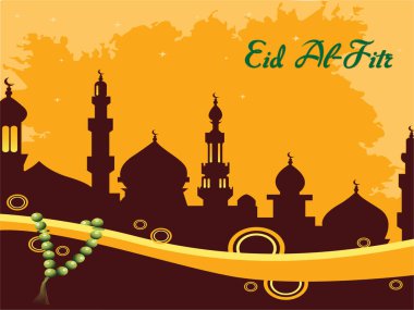 Yeşille yazılmış Ramazan Bayramı yazılı bir şehir siluetinin afişi. Posterin dini bir teması var. Ramazan Kareem Dua Etme Kurban Bayramı HariRaya Aidilfitri Süslemesi