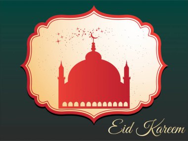 Üstünde yıldız olan kırmızı ve altın bir bina ve altında da bayram karam yazıyor. Ramazan Kareem Dua Etme Kurban Bayramı HariRaya Aidilfitri Süslemesi