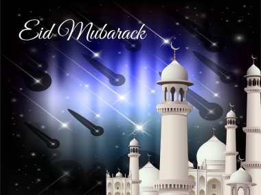 Beyaz kubbeli ve mavi gökyüzü arka planlı güzel bir bina. Bina bir cami ve gökyüzü yıldızlarla dolu. Ramazan Kareem Dua Etme Kurban Bayramı HariRaya Aidilfitri Süslemesi