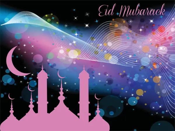 Arka planda hilal şeklinde bir ay olan renkli havai fişek gösterisi. Görüntü, Kurban Bayramı 'nı temsil ediyor. Ramazan Kareem Dua Etme Kurban Bayramı HariRaya Aidilfitri Süslemesi