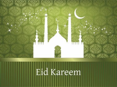 Beyaz binalı yeşil arka plan ve hilal şeklinde bir ay. Bina bir cami ve ay gökyüzünde. Ramazan Kareem Dua Etme Kurban Bayramı HariRaya Aidilfitri Süslemesi