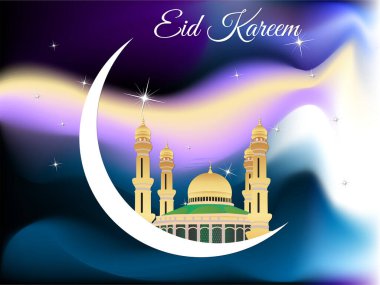 Renkli bir cami posteri ve üzerinde Ramazan Bayramı yazıları olan hilal bir ay. Ramazan Kareem Dua Etme Kurban Bayramı HariRaya Aidilfitri Süslemesi