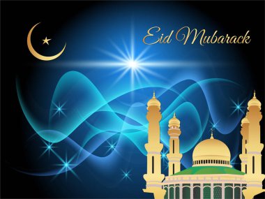 Mavi ve altın arka planda bir yıldız ve hilal şeklinde bir ay. Kubbesi olan büyük bir bina ve kubbesi olan küçük bir bina. Ramazan Kareem Dua Etme Kurban Bayramı HariRaya Aidilfitri Süslemesi