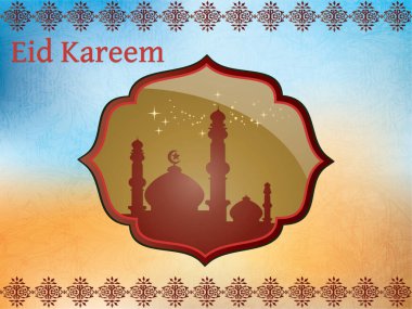 Bir cami ve yıldızların silueti olan renkli bir tasarım. Tasarım Ramazan Bayramı için. Ramazan Kareem Dua Etme Kurban Bayramı HariRaya Aidilfitri Süslemesi