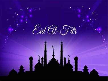 Merkezinde büyük bir bina olan güzel bir mor arkaplan ve bayram tabiri beyazla yazılmış. Ramazan Kareem Dua Etme Kurban Bayramı HariRaya Aidilfitri Süslemesi