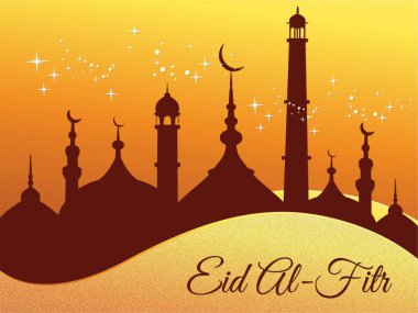 Hilal şeklinde bir ay ve Kurban Bayramı yazılı bir şehir siluetinin posteri. Posterin portakallı sıcak, davetkar bir havası var. Ramazan Kareem Dua Etme Kurban Bayramı HariRaya Aidilfitri Süslemesi