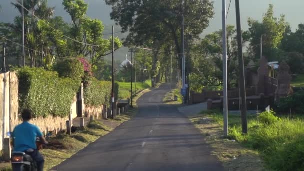 Gente Montando Bicicletas Camino Medio Campos Arroz Indonesia — Vídeo de stock