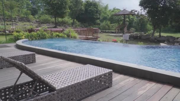 Ein Pool Mit Holzdeck Und Giraffen Hintergrund — Stockvideo