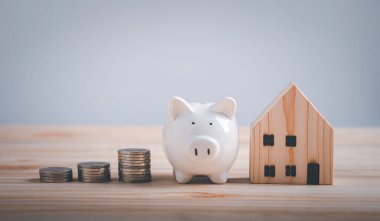 Domuz kumbarası, manken evi ve beyaz arka planda para yığını, tasarruf kavramı.