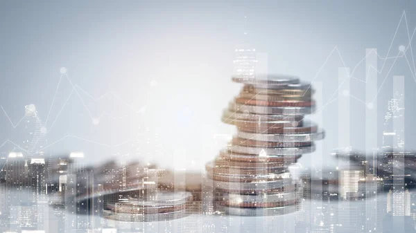 Double Exposure Graph Rows Coins Finance Saving Banking Business Concept — Stock fotografie
