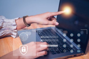 Veri kişisel bilgilerini koruma işi. Veriye, internet güvenliğine ve veri koruma kavramına erişmek için siber güvenlik ağı ve parmak izi tanımlaması.