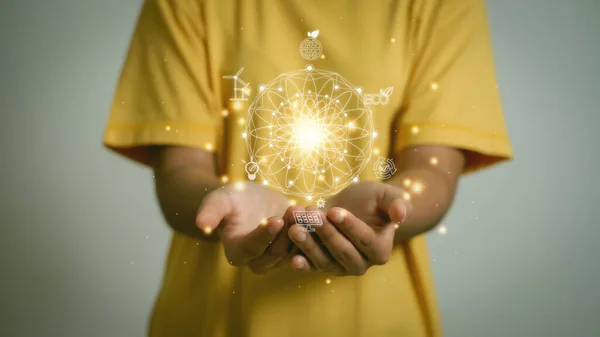 stock image Hand holding virtual world with CO2 reducing ,Recycle , carbon footprint and carbon credit to limit global warming from climate change concept.