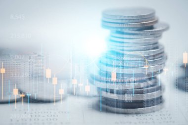 Madeni para ve bankacılık kavramı, finans, yatırım, tasarruf, iş kavramı için şehir arka planı çifte pozlama.