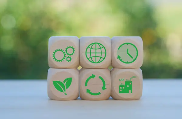 environment Earth concept. Net zero greenhouse gas emissions target. Climate neutral long term strategy. wooden cubes with decarbonization icon and green icon. Green banner.
