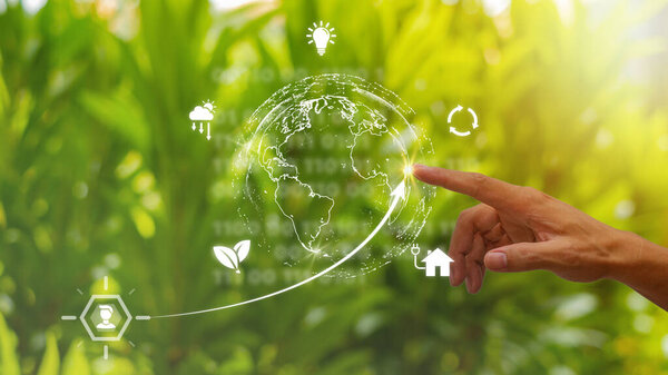 Environment concept. Green earth planet in hands with shining light. Save and protection Earth. sustainable and corporation development, green eco friendly.