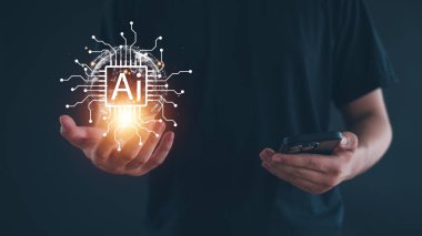 Yapay zeka teknolojisi, akıllı telefon kullanan adam, yapay zeka komutla bir şeyler üretmek için girdi komutu, Al ile sohbet..