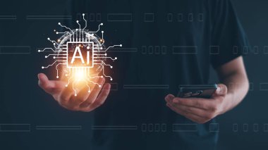 Yapay zeka teknolojisi, akıllı telefon kullanan adam, yapay zeka komutla bir şeyler üretmek için girdi komutu, Al ile sohbet..
