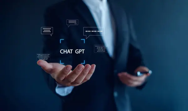 Yapay Zeka 'dan Yapay Zeka' yla sohbet. Bir şey üretmek için komut komutu kullanmak, gelecekçi teknoloji dönüşümü. İş adamı teknolojisini kullanarak Global Internet bağlantısı.