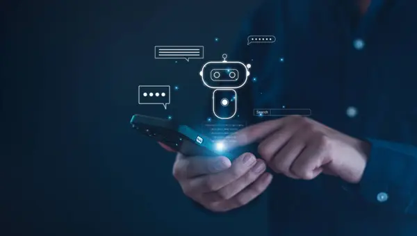 Yapay Zeka. Zeki bir ai ile sohbet etmek istediği cevapları ister. İş, modern teknoloji, internet ve ağ kavramı. AI ile sohbet..