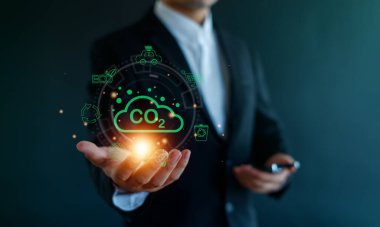 İklim değişikliği için sera gazı emisyonunu azaltma kavramı, Yeşil İş, Enerji tasarrufu, CO2 simgesi, Dünya 'yı ve çevreyi koruma.