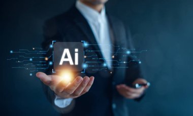 Ai teknolojisi. Yapay Zeka ve Yapay Zeka Konsepti, komut komutunu kullanarak bir şeyler üretmek, gelecekçi teknoloji dönüşümü.