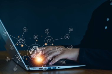 İş adamları Parmak izi taraması ve biyometrik kimlik doğrulaması, İnternet güvenliği ve veri koruma kavramı. Veri erişimi için siber güvenlik ağı ve parmak izi tanımlaması.