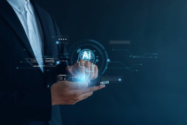 Ai teknolojisi. Yapay Zeka ve Yapay Zeka Konsepti, komut komutunu kullanarak bir şeyler üretmek, gelecekçi teknoloji dönüşümü.