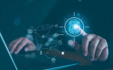 İş adamları Parmak izi taraması ve biyometrik kimlik doğrulaması, İnternet güvenliği ve veri koruma kavramı. Veri erişimi için siber güvenlik ağı ve parmak izi tanımlaması.