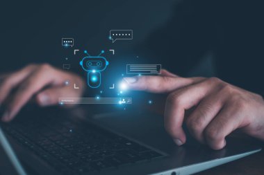 Yapay Zeka. Zeki bir ai ile sohbet etmek istediği cevapları ister. İş, modern teknoloji, internet ve ağ kavramı. AI ile sohbet..