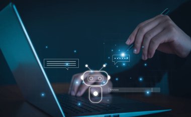 Yapay Zeka. Zeki bir ai ile sohbet etmek istediği cevapları ister. İş, modern teknoloji, internet ve ağ kavramı. AI ile sohbet..