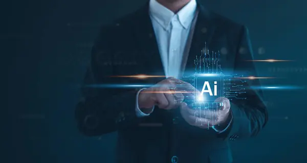 Ai teknolojisi. Yapay Zeka ve Yapay Zeka Konsepti, komut komutunu kullanarak bir şeyler üretmek, gelecekçi teknoloji dönüşümü.