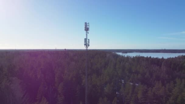 森の中の大きなラジオタワーの空中ビュー — ストック動画