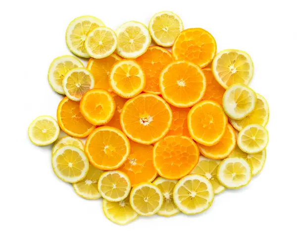 Citrus Slces Citroen Sinaasappel Mix Close Witte Achtergrond Bovenaanzicht Abstract — Stockfoto