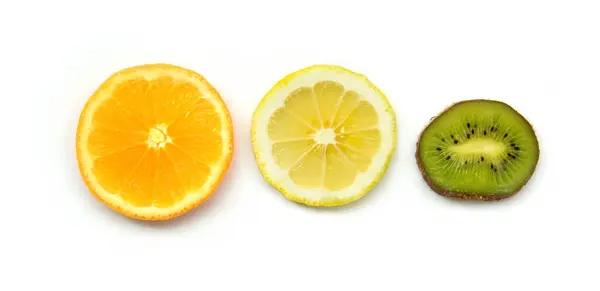 Fruit Plakjes Set Close Witte Achtergrond Lichte Stukjes Verse Citroen — Stockfoto