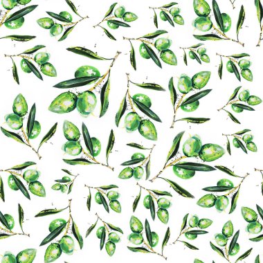 Yeşil zeytinler dikişsiz desen, yapraklı ve meyveli dal, boya lekeli beyaz arka plan. Tasarım için el yapımı botanik elementler. Akdeniz mutfağı, zeytinyağı, organik gıda