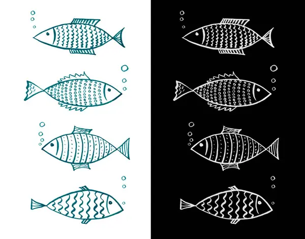Set of stylized fish isolated on white and black backgrounds,hand drawn doodle, line art. Abstract small blue and white fish with different patterns,collage. Sea life. Marine art.Fantastic marine life