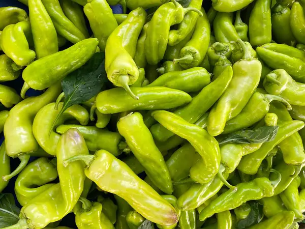 Pepper, Long Green, fresh green peppers for sale at market. Background texture of fresh green peppers closeup. Pile of peppers as background, texture. Healthy eating. Images of vegetable products.