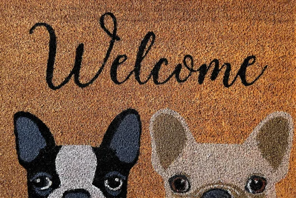 Conceptual image of a welcome door mat with two cute dogs and lettering ''welcome''. Top view.
