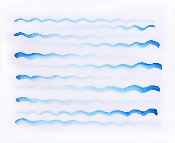 Mavi suluboya dalgaları, beyaz arkaplanda renkli desenler. Tasarım için elle çizilmiş soyut çizgiler.