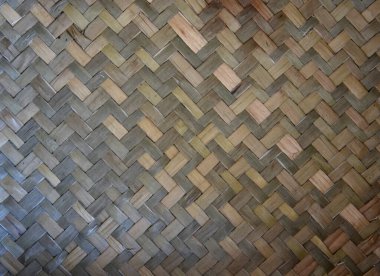 Doğal bej ve kahverengi tonlarda geleneksel bambu dokuma dokusunun yakın çekimi. Rustik el yapımı hasır desen, iç tasarım, mobilya, dekorasyon ve duvar panelleri için çevre dostu zanaat arka planı.